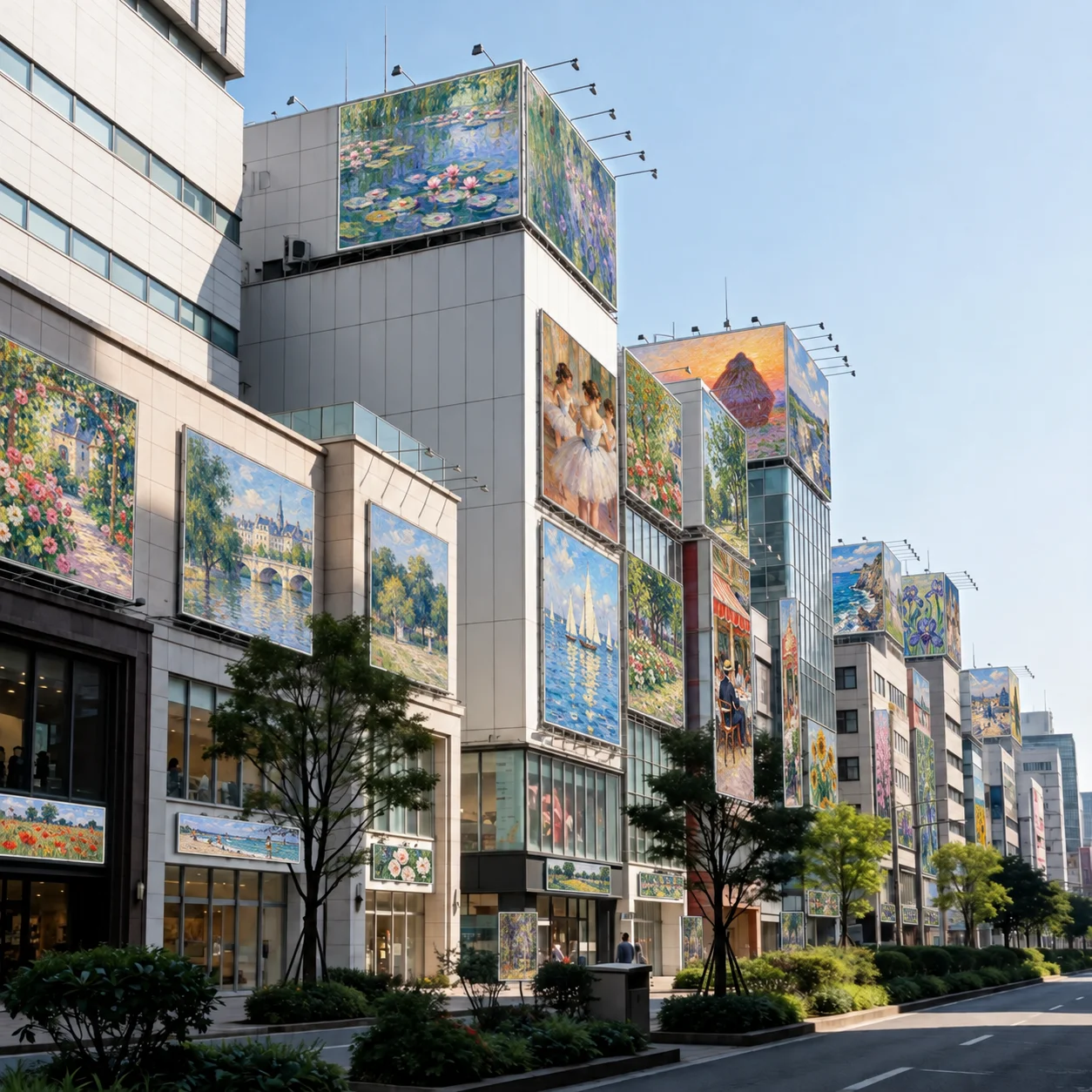 A city street where advertisements have been replaced with artwork