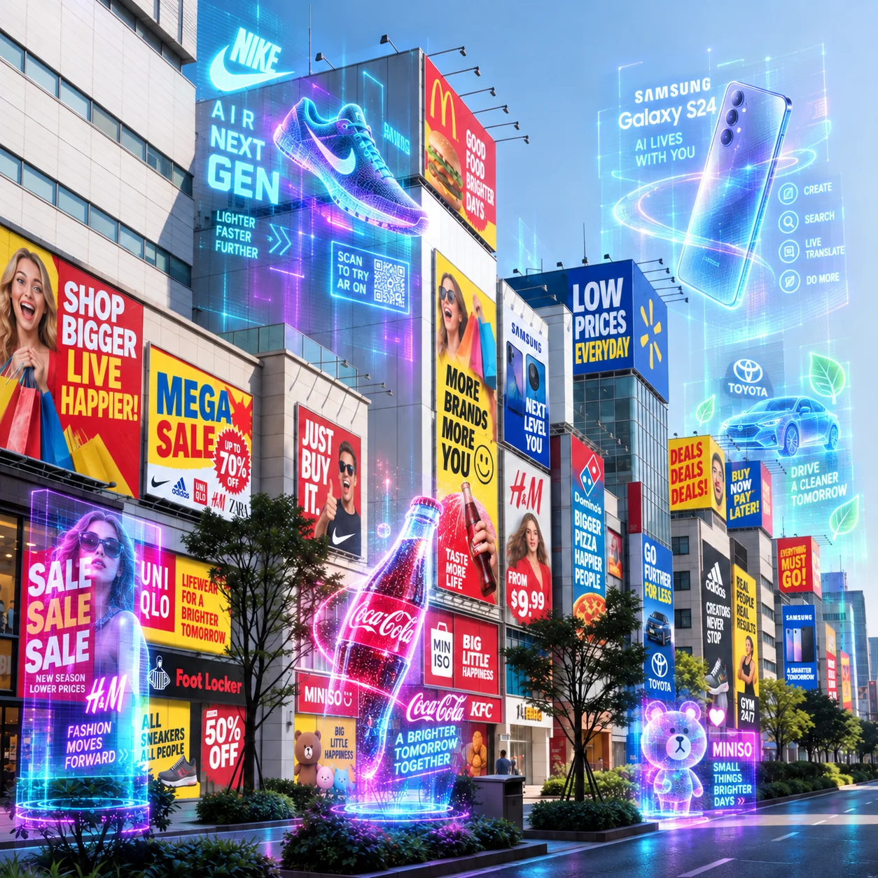 A city street with additional digital advertisements overlaid in augmented reality
