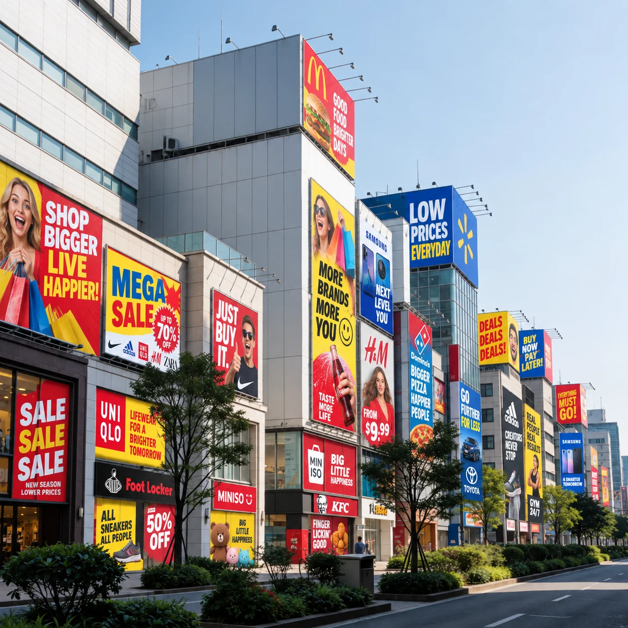 A city street covered in physical billboard advertisements